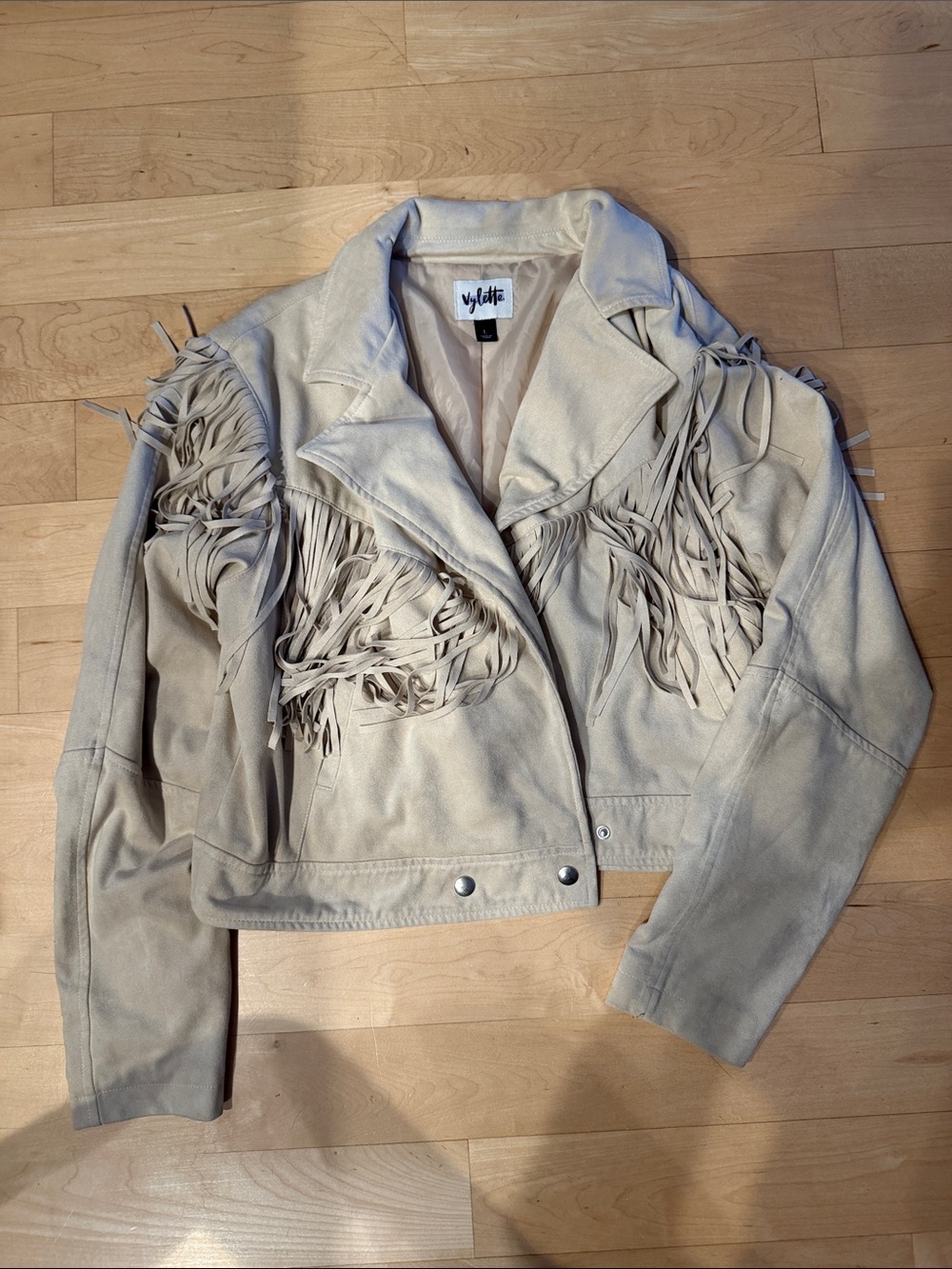 Vylette Faux Suede Fringe Crop Jacket in Light Beige M L